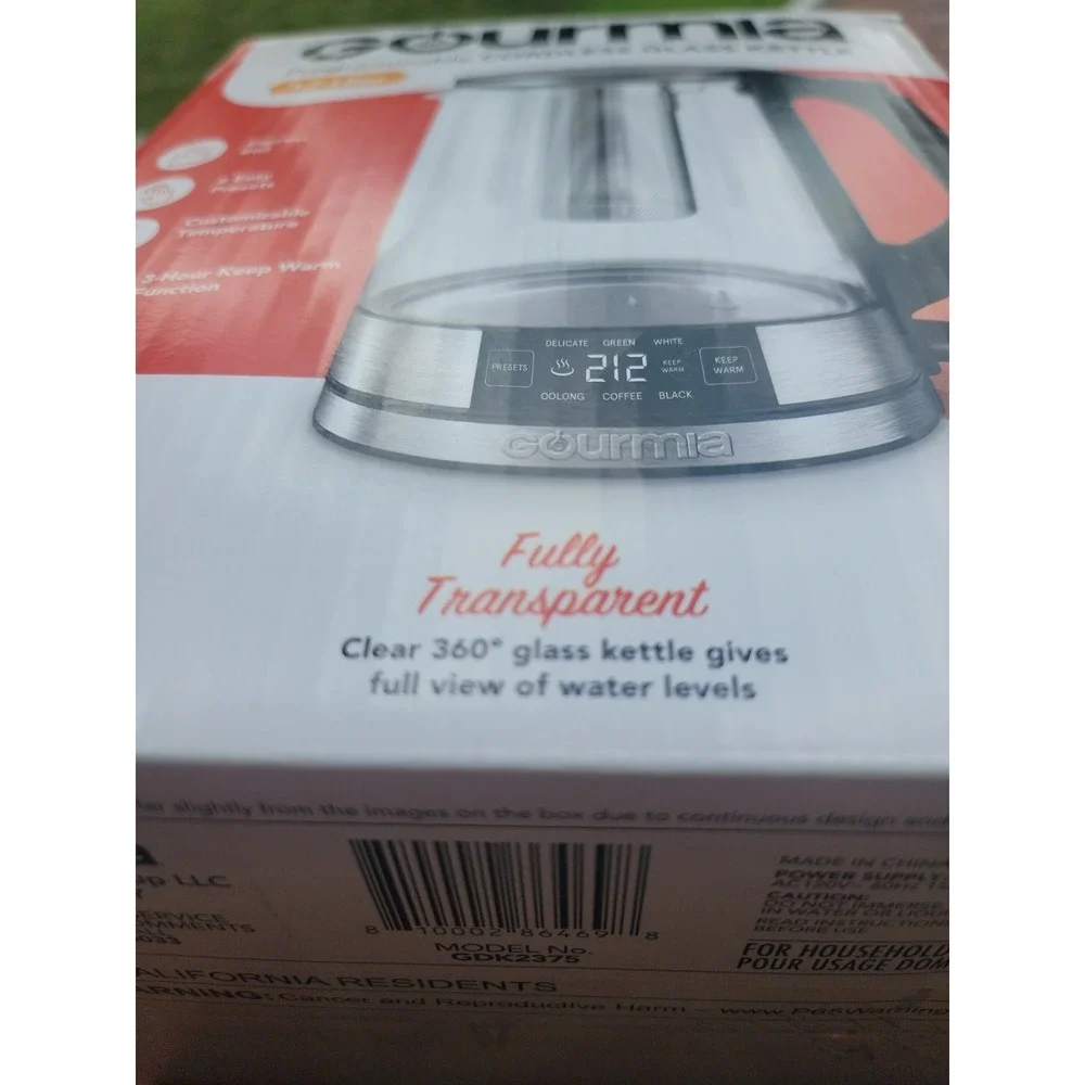 Gourmia Precision Brew 1.7L Electric Glass Kettle Removable Infuser New in Box!
